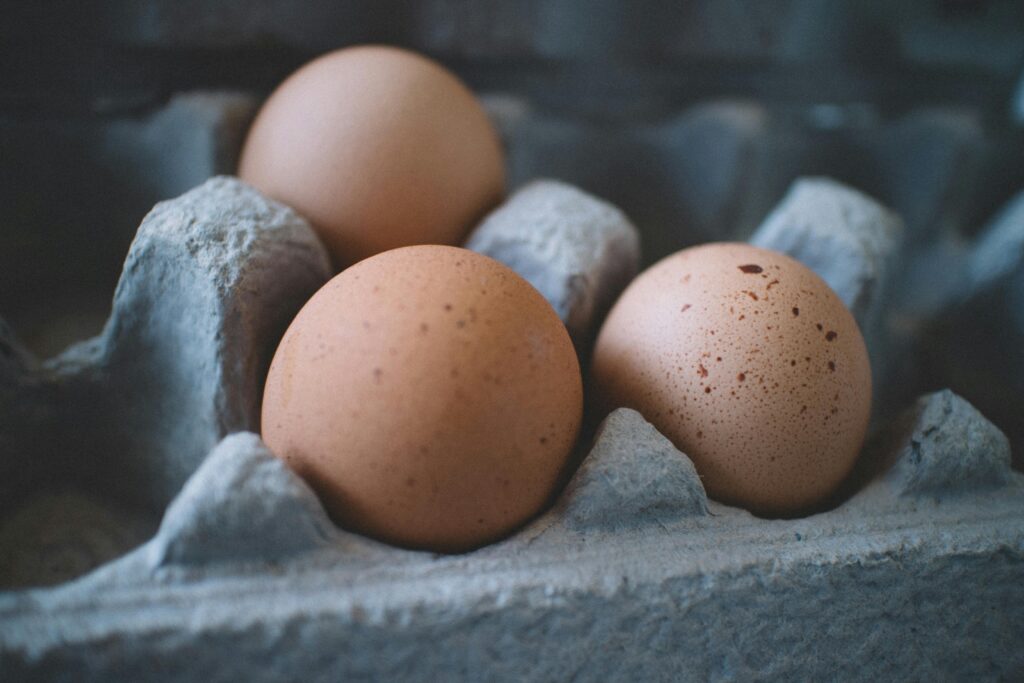 Three fresh brown eggs in a cardboard egg tray, highlighting organic food concepts.